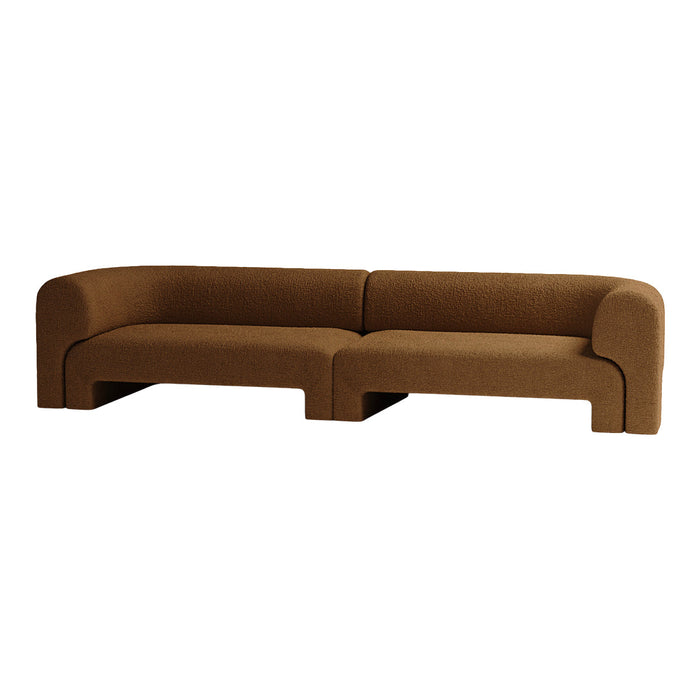 Brown textured fabric sectional sofa with rounded edges, featuring a chic, modern design. Ideal for contemporary spaces.
