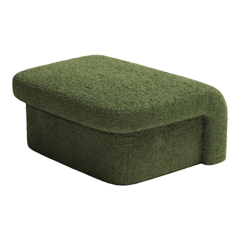 Stylish green upholstered ottoman with textured fabric, featuring a contemporary, soft silhouette. Perfect for any decor.