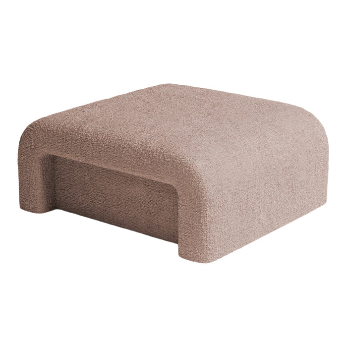 Light beige square ottoman with a textured fabric finish, featuring soft, rounded edges and a minimalist design.