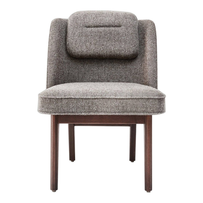 Gray upholstered chair with a textured finish and subtle patterns, featuring a wooden base and supportive backrest.