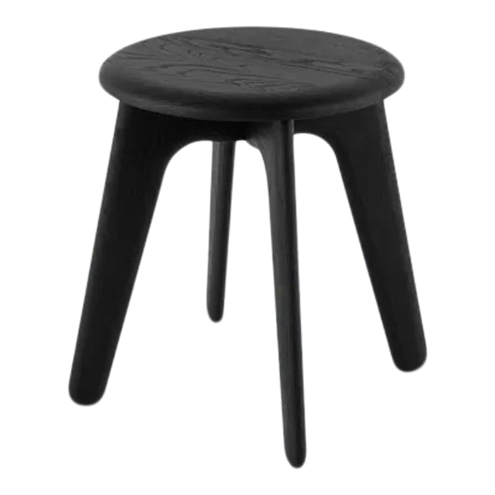 Black textured stool with a minimalist design, featuring a sleek round top and three tapered legs.