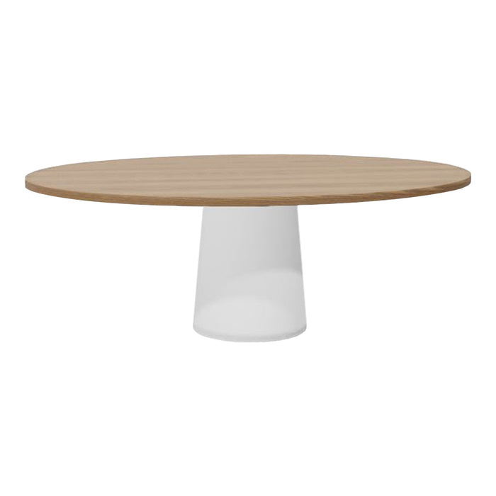 Wooden round tabletop with light brown slats and a sleek white pedestal base. Modern and minimalistic design.