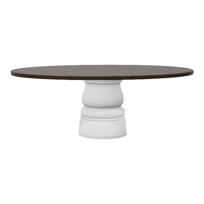 Round dining table with a dark brown top and a smooth white pedestal base. Modern and stylish design.