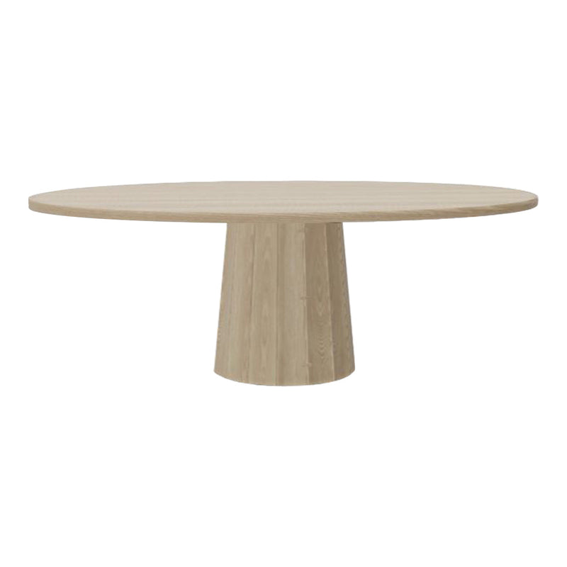 Round beige dining table with a smooth finish and a subtly textured pedestal base in a natural wood look.