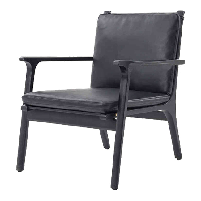 Black leather armchair with sleek wooden frame, featuring a minimalist design and smooth, modern lines.