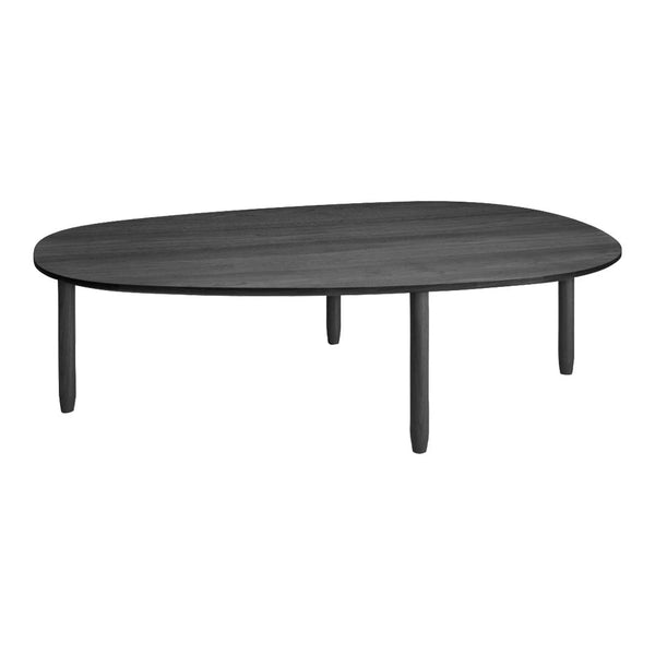 Modern oval coffee table in dark gray wood finish with smooth surface and minimalist design.