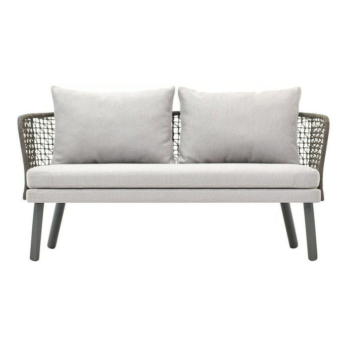 Light gray outdoor sofa with woven side accents and matching gray cushions, minimalist design.