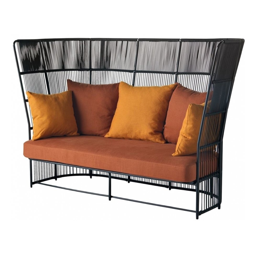 Modern black frame sofa with orange cushions, featuring a sleek woven pattern and stylish high back design.