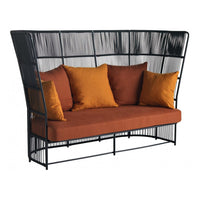 Black and orange loveseat with sleek lines and vibrant cushions in solid colors, perfect for modern decor.