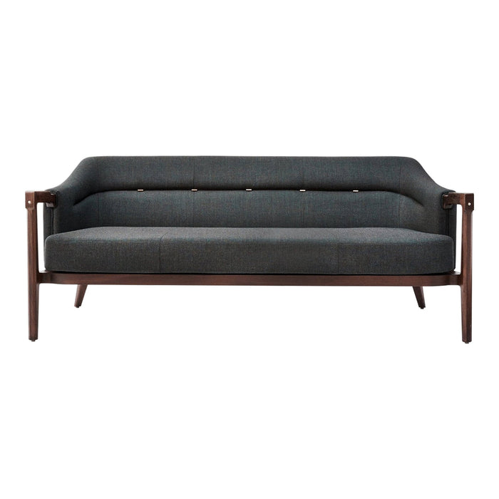 Mid-century modern gray sofa with wooden frame and subtle button-tufted detailing, perfect for stylish living spaces.