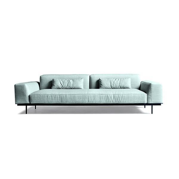 Light blue modern sofa with sleek lines and soft fabric texture, featuring two plush cushions for added comfort.