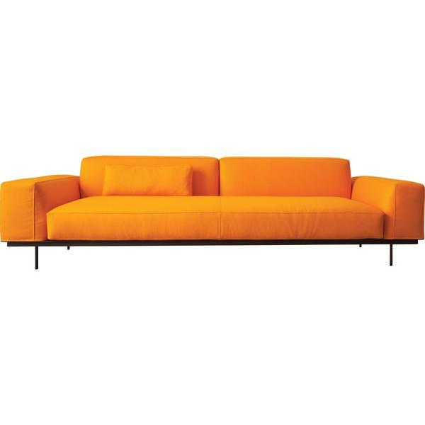 Bright orange modern sofa with clean lines and minimalist design on a sleek black metal frame.