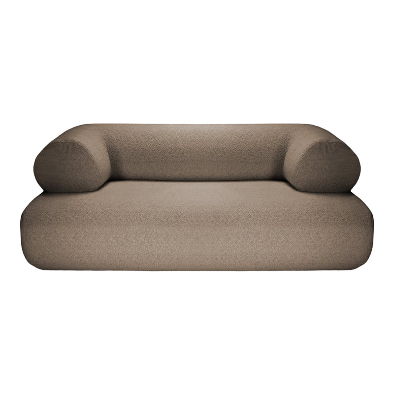 Stylish brown sofa with a soft, textured fabric and rounded armrests, perfect for modern interiors.