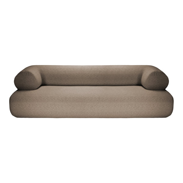 Textured taupe sofa with a smooth finish and rounded armrests, adding warmth to any living space.