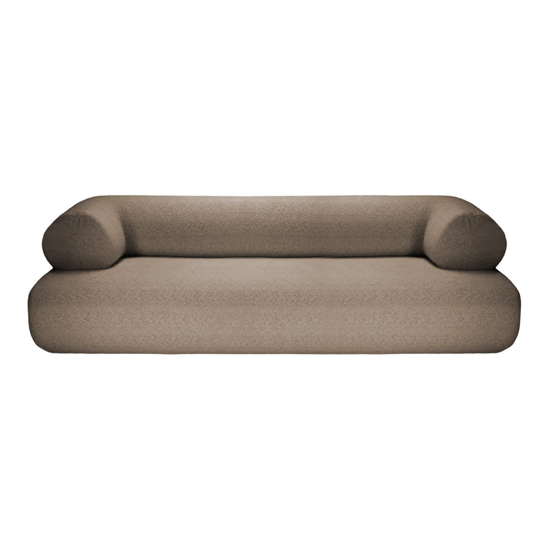 Textured taupe sofa with a smooth finish and rounded armrests, adding warmth to any living space.