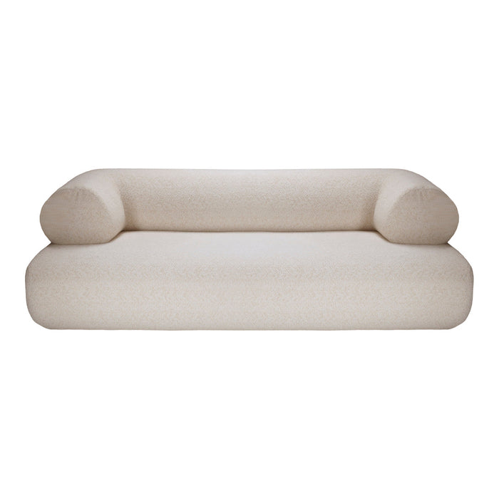 Cream-colored sofa with a textured, woven pattern and soft, rounded armrests.