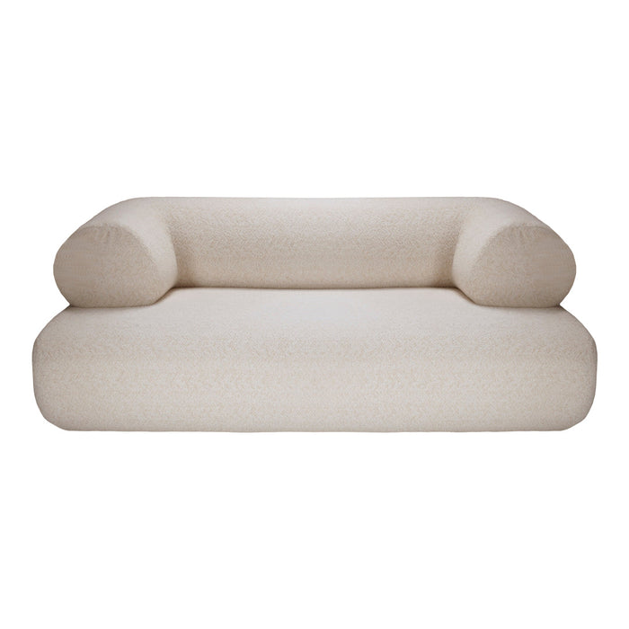 Beige textured sofa with soft, rounded armrests and a minimalist design, perfect for modern interiors.
