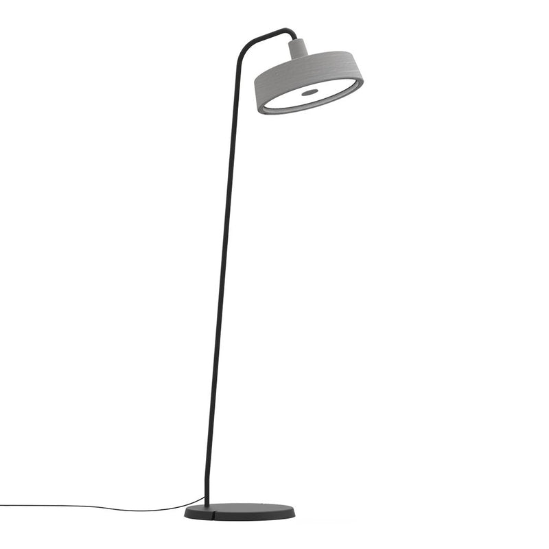 Modern black floor lamp with a sleek gray shade and minimalist design, perfect for contemporary decor.