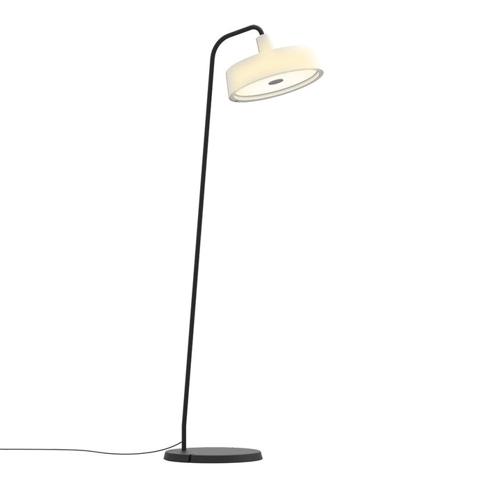 Modern floor lamp with a sleek black base and an elegant cream-colored shade. Minimalist design enhances any decor.
