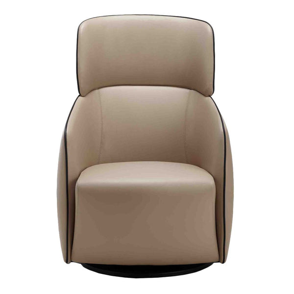 Stylish beige armchair with smooth upholstery and sleek black trim. Modern design perfect for any decor.