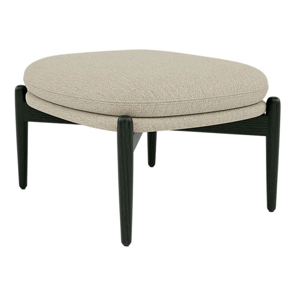 Beige upholstered ottoman with a textured pattern and sleek black wooden legs. Elegant and modern design.