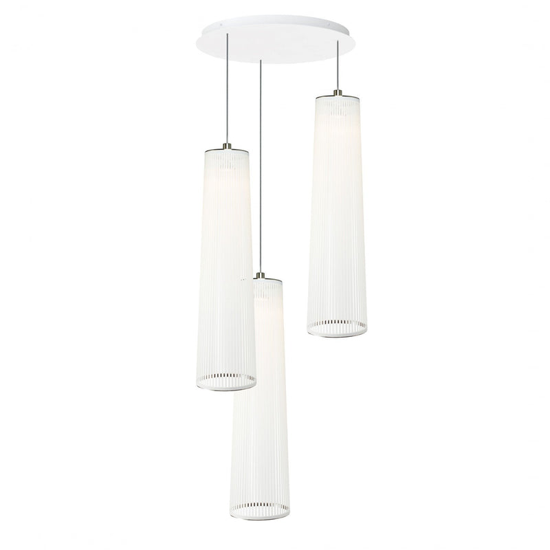 Three sleek, white glass pendant lights with cylindrical shapes hanging from a minimalist white ceiling mount.