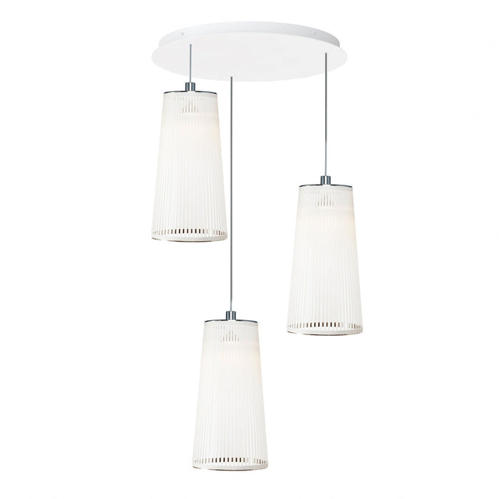 Modern white pendant light with three translucent glass shades and chrome accents for a sleek, minimalist look.