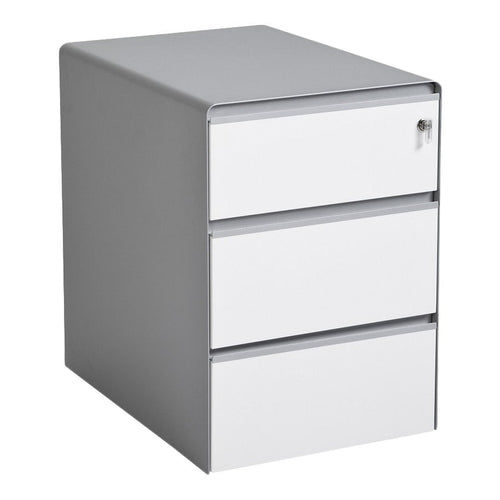 Sleek gray file cabinet with three white drawers and silver accents for modern office decor.