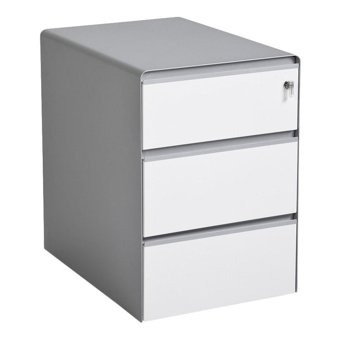 Sleek gray file cabinet with three white drawers and silver accents for modern office decor.