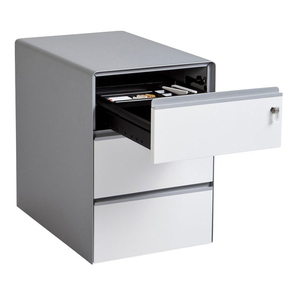 Sleek grey filing cabinet with a white drawer front, featuring a minimalist design and a smooth finish.