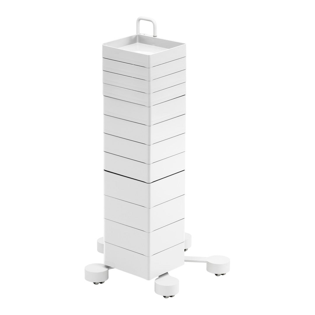 White rolling storage tower with stacked drawers and a minimalist design. Features smooth wheels for easy movement.