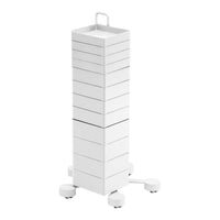 White rolling storage tower with stacked drawers and a minimalist design. Features smooth wheels for easy movement.