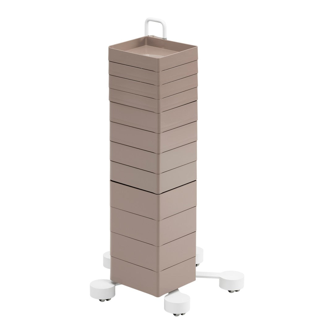 Tall, stackable storage tower in soft beige with a sleek, modern design and a white base. Ideal for organized spaces.