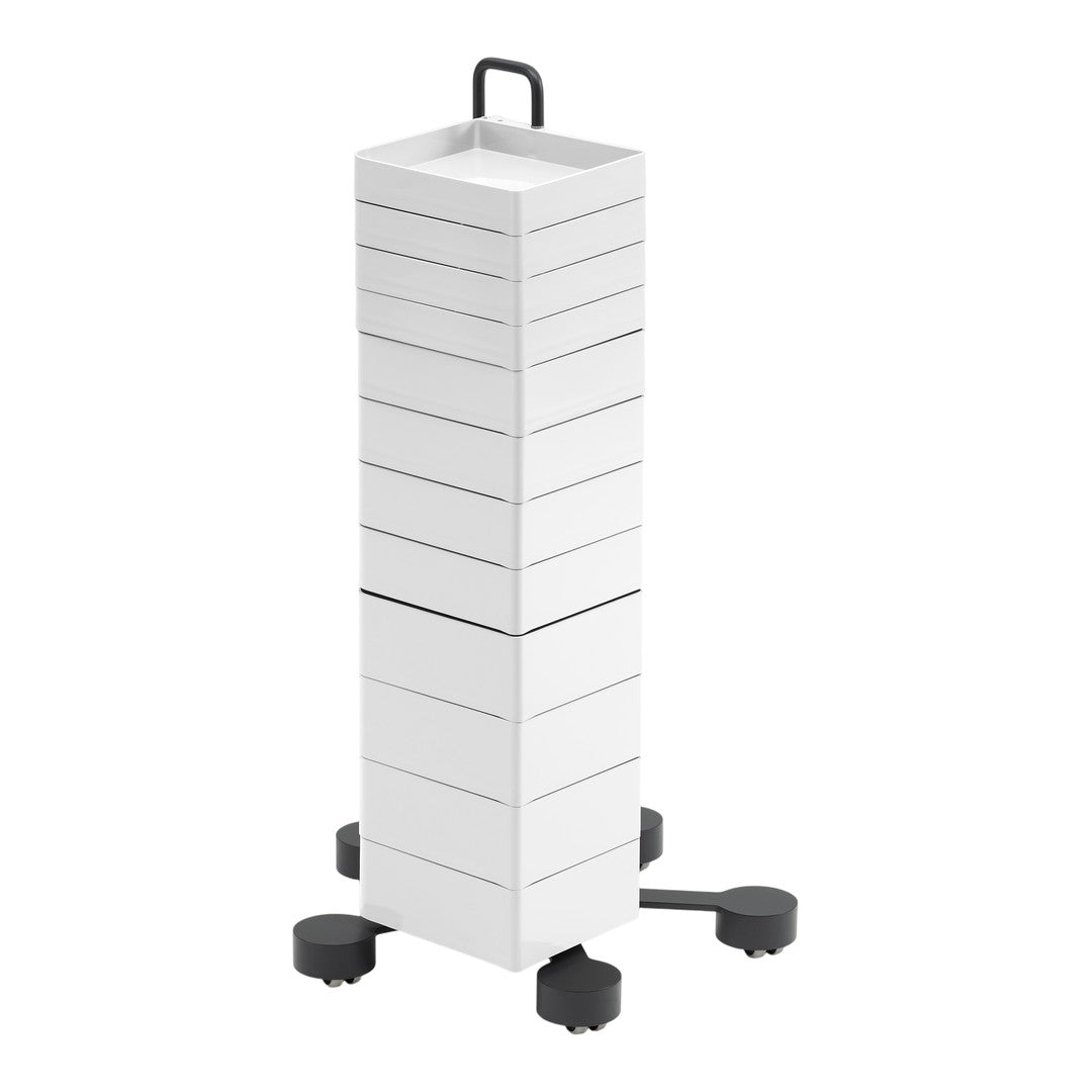 White storage tower with eight sleek drawers, featuring a solid black base and handle for easy mobility.