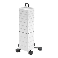 White storage tower with eight sleek drawers, featuring a solid black base and handle for easy mobility.