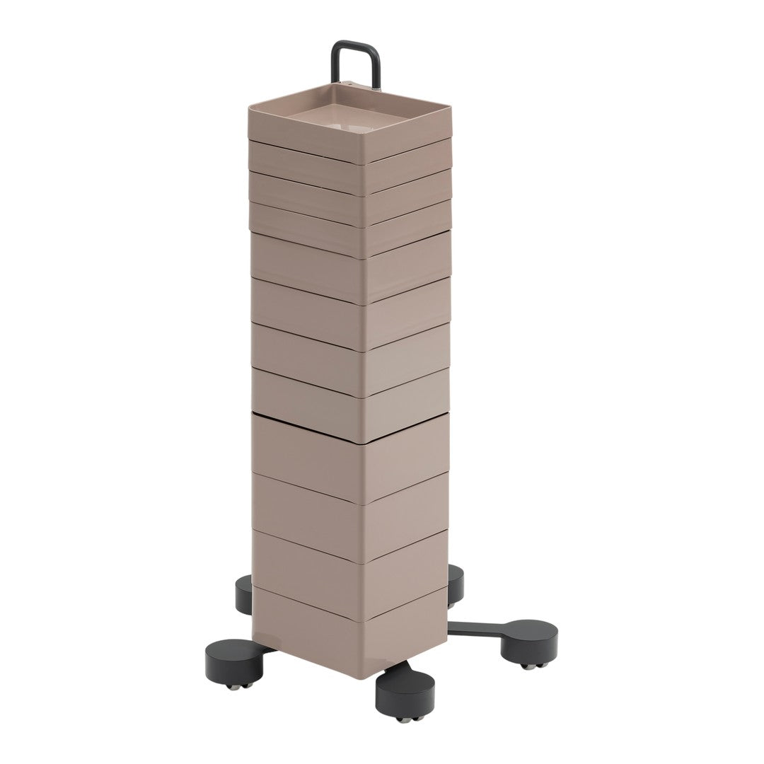 Tall, stackable storage tower with a neutral beige color and sleek, smooth design on a mobile base.