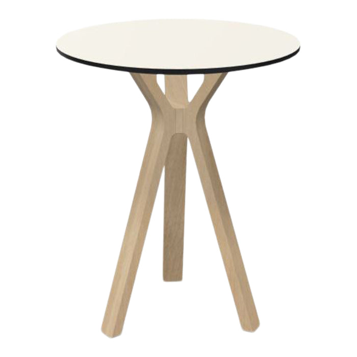 White round table with a smooth surface and natural wood legs, featuring a sleek black edge for a modern touch.