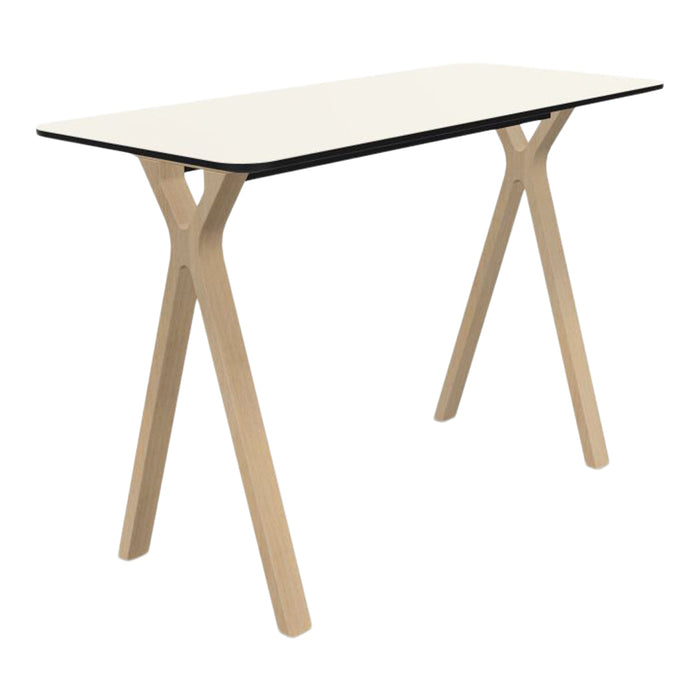 White tabletop with black edge and natural wood legs, featuring a minimalist design and clean lines.