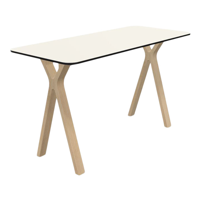 Modern white tabletop with black edging and light wood legs, featuring a sleek, minimalist design.