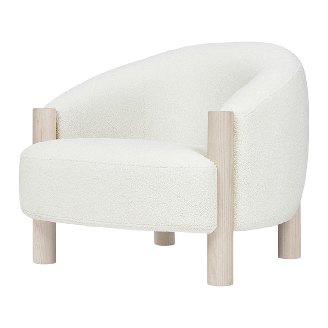 Soft, curved white chair with textured upholstery and light wood legs. Modern, minimalist design for chic interiors.
