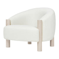 Soft, curved white chair with textured upholstery and light wood legs. Modern, minimalist design for chic interiors.