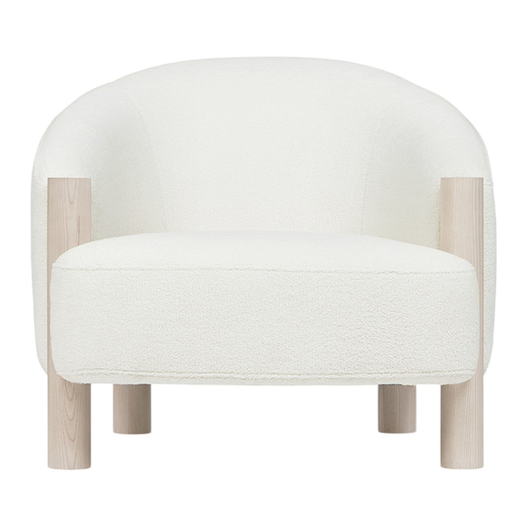White textured armchair with light wooden legs, featuring a minimalist and modern design. Perfect for any decor.