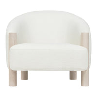 White textured armchair with light wooden legs, featuring a minimalist and modern design. Perfect for any decor.