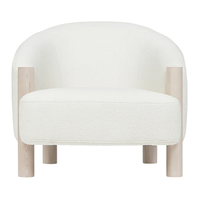 White textured armchair with light wooden legs, featuring a minimalist and modern design. Perfect for any decor.