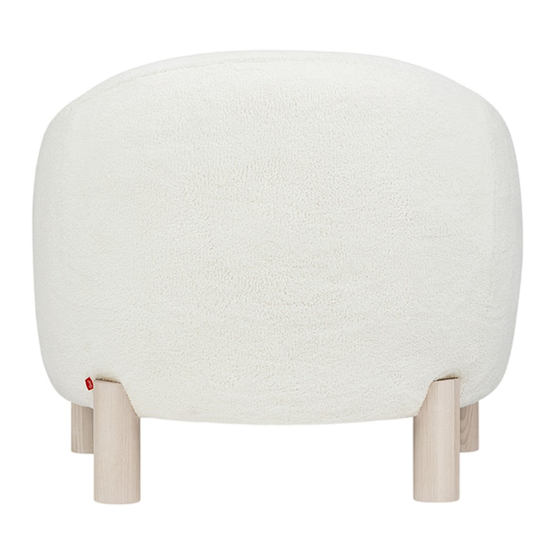 Cozy cream-colored upholstered ottoman with a smooth texture and natural wooden legs, perfect for any modern space.