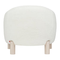 Cozy cream-colored upholstered ottoman with a smooth texture and natural wooden legs, perfect for any modern space.