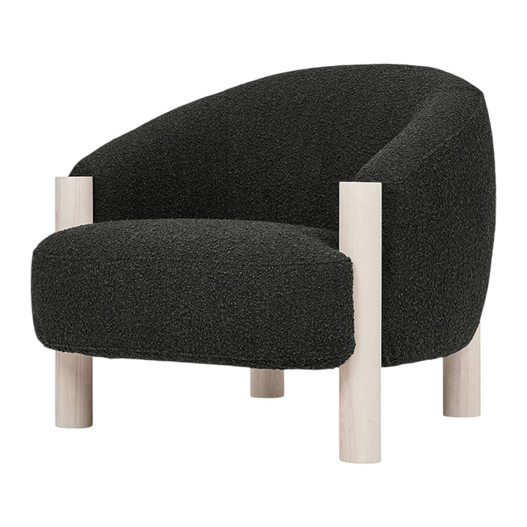 Black textured chair with light wooden legs, featuring a modern, cozy design.