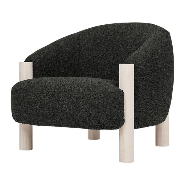 Black textured chair with light wooden legs, featuring a modern, cozy design.