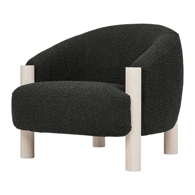 Black textured chair with light wooden legs, featuring a modern, cozy design.