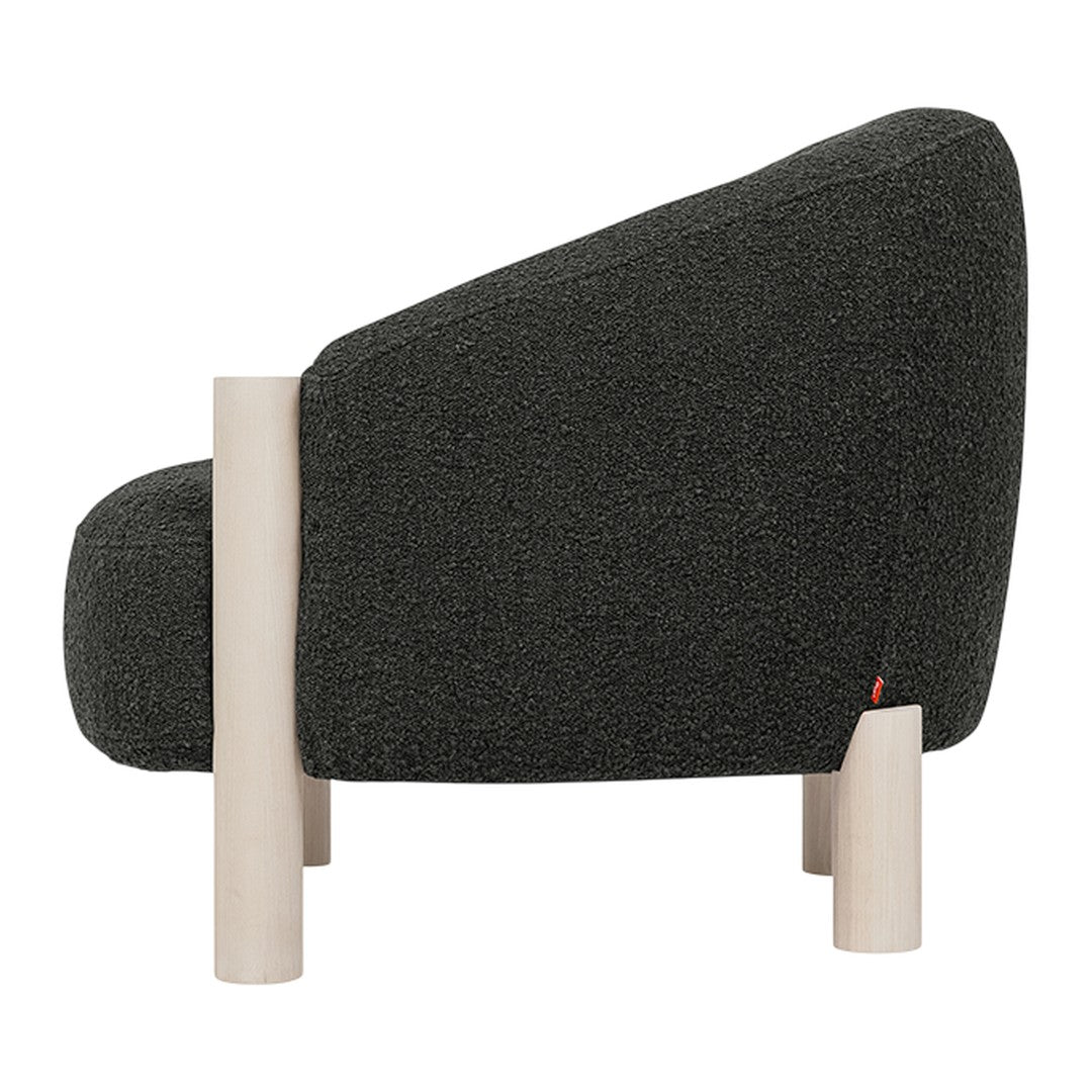 Dark gray textured upholstery with light wooden legs, featuring a modern, rounded silhouette.
